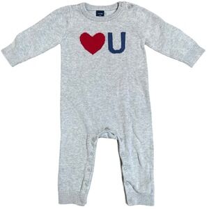 BabyGap Baby Gray Knit Romper I Love You Heart U‎ Long Sleeve 12-18 Months